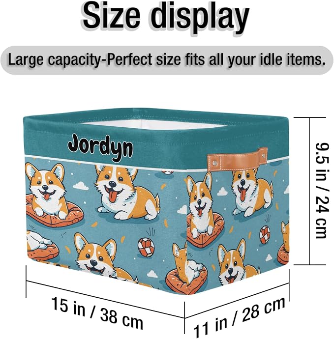 Custom Storage Baskets for Kids Name, Large Foldable Organizer Collapsible Storage Bin with Leather Handle for Home Toys Closet Nursery, Cute Corgi Dog Cartoon Cloud Blue