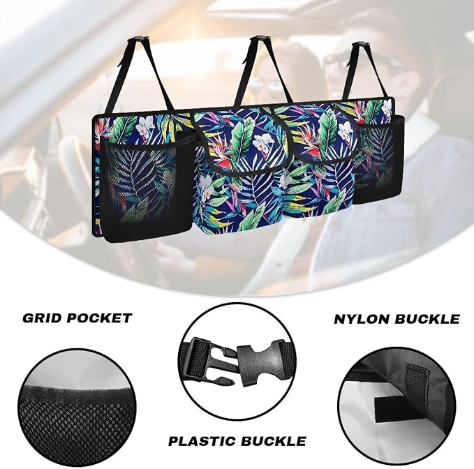 Tropical Leaves Car Trunk Organizer Hanging Car Back Seat Storage Bag with 4 Large Pockets Multipurpose Collapsible Storage Bag Automotive Interior Accessories