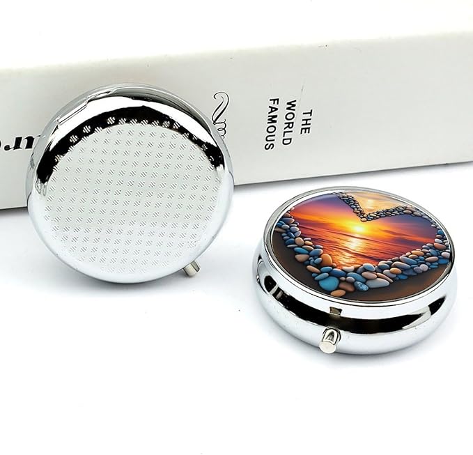 Love Beach Metal Round Pill Box, 3 Compartment Travel Organizer, Portable Pill Container with Secure Latch, 2 Inch Circular Vitamin Caddy for Pills and Vitamins, Gift for Him Her Elderly