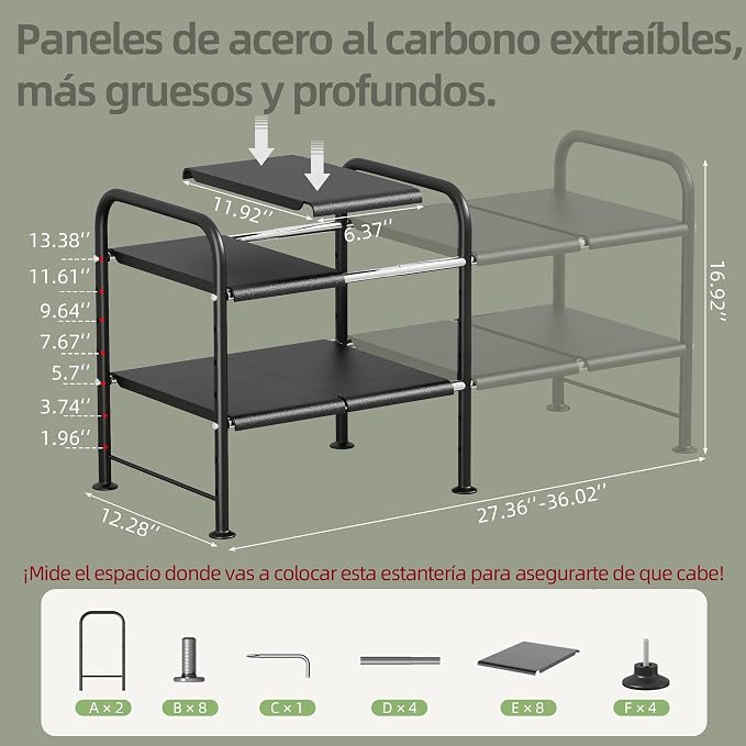 Under Sink Organizers and Storage,Expandable under cabinet organizer Shelf | 2 tier expandable shelf for kitchen and bathroom,8 Removable Carbon Steel Panels,27.36-36.02" W x 12.28" D x 16.93" H