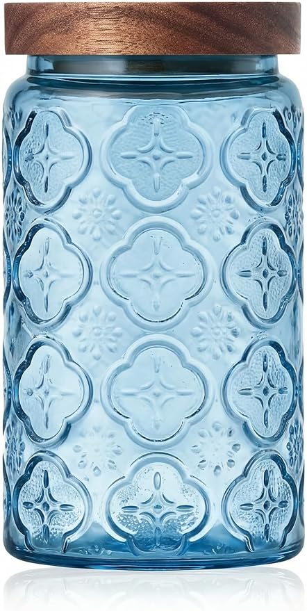 Glass Jar with Airtight Wood Lid – 34 OZ Kitchen Bathroom Pantry Canister, Decorative Vintage Storage Container for Candy, Coffee, Cookie, Cereal, Sugar, Tea, Pet Treat, Bath Salt, Blue Begonia