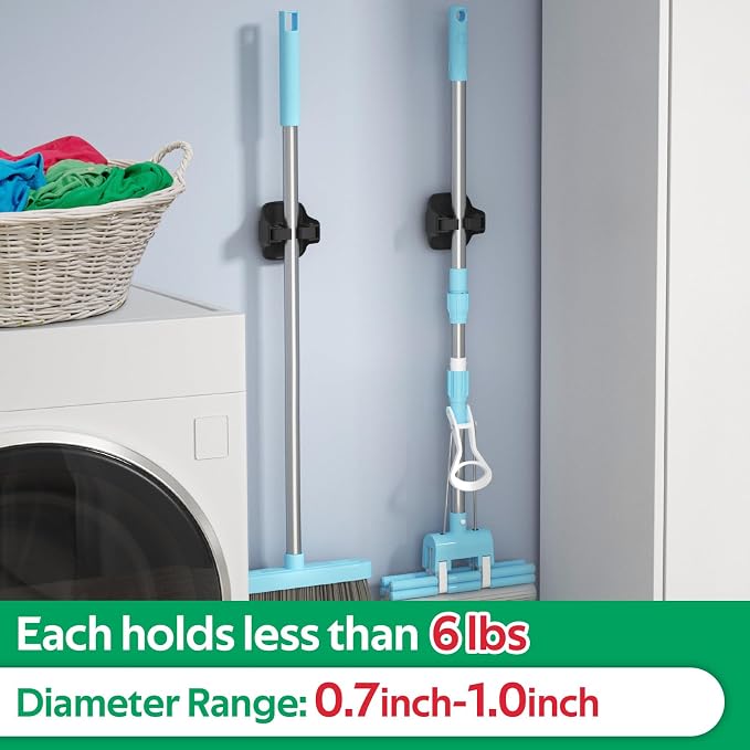 reliahom Broom Holder Wall Mount Mop Grippers organizer wall hanging, 5Pack | No Drilling Self Adhesive Easy install Anti-Slip Mop Broom Hanger Storage Rack for Kitchen,Laundry Room,Garden,Garage