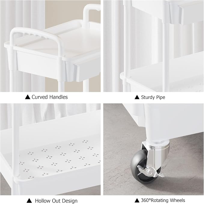 4 Tier Rolling Utility Cart with Drawer, Plastic Storage Organizer Rolling Carts with Wheels Handles Hanging Cups Hooks for Office, Bathroom, Kitchen,Craft Art Room (White)
