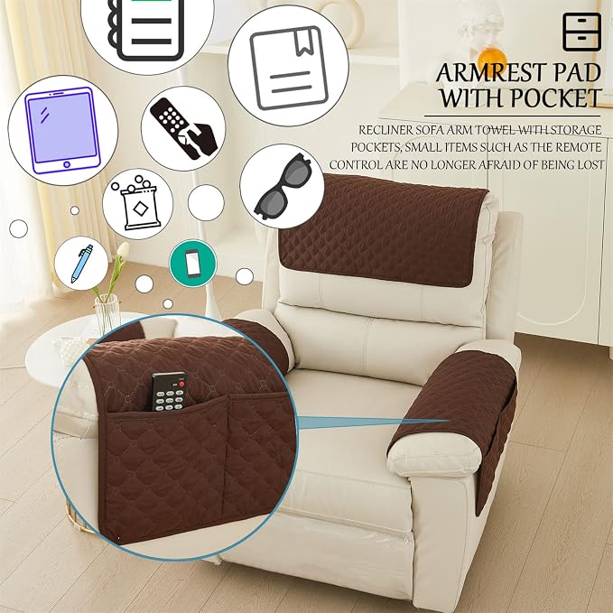 Water-Resistant Sofa Armrest and Headrest Covers, 2 Pockets | Quilted polyester helps shield recliners, loveseats and sofas from daily wear; silicone backing and fasteners improve grip