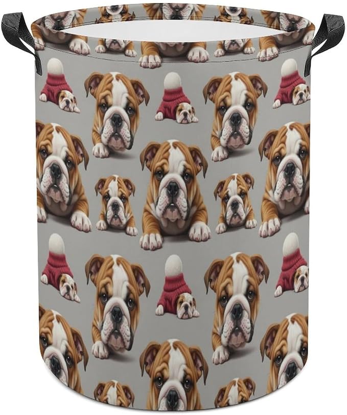 Foldable Laundry Storage with Handles English Bulldog Puppy Dog Art, Waterproof Hamper Basket for Clothing, Toys, and Home Organization