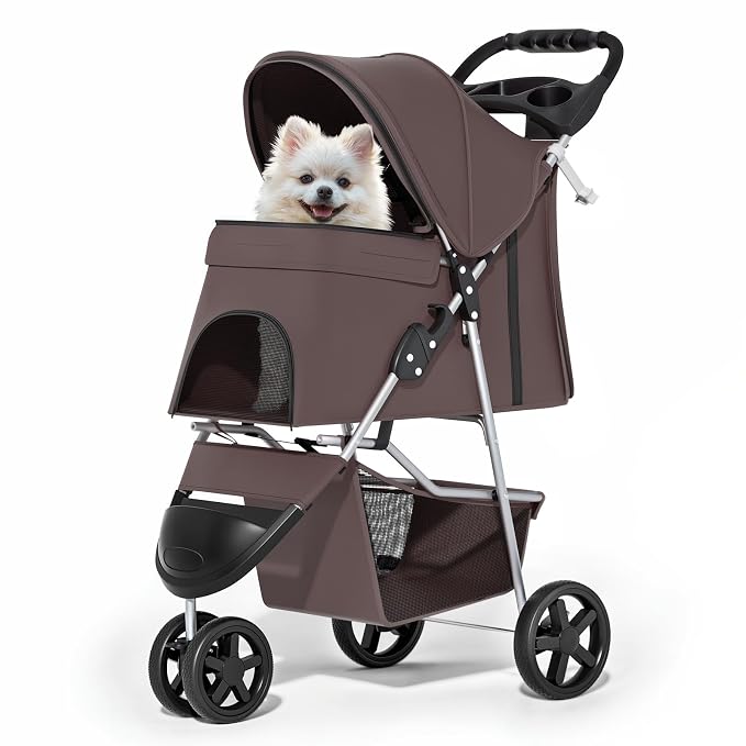 MoNiBloom Pet Stroller for Small/Medium Dogs and Cats up to 33 lbs, Coffee | Foldable Dog Stroller 3 Wheels Pet Strolling Cart w/ Storage Basket Cup Holder, Breathable and Visible Mesh for All-Season