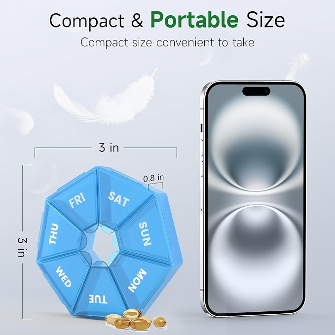 Weekly Pill Organizer, 2 Pack Portable Travel Pill Box, 7 Day Pill Case | Easy Open, BPA-Free, Arthritis Friendly Medicine Pill Container, Medicine Case for Vitamins,Supplements Medications, Blue