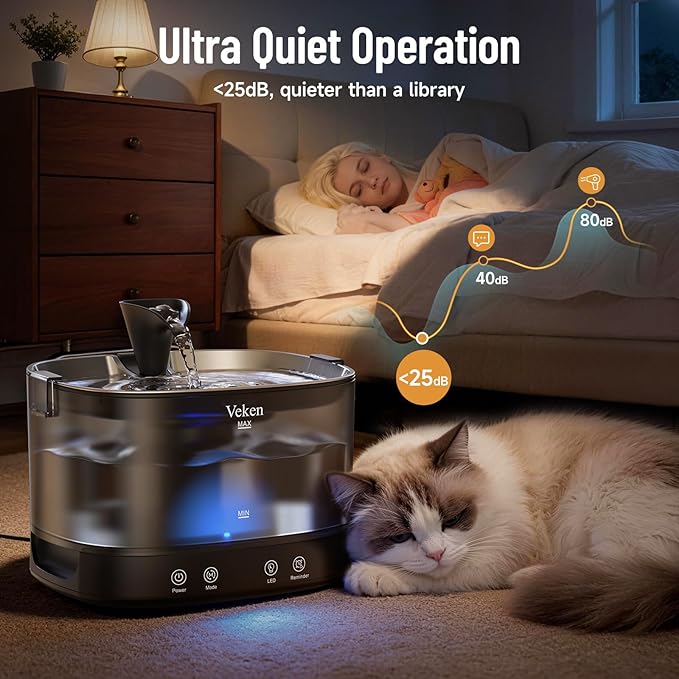 Veken Cordless Cat Water Fountain with Stainless Steel Tray & Secure Clips, 5200 mAh Battery Operated Pet Drinking Dispenser with LED Light, 85oz/2.5L Wireless Fountain for Cats, Dogs and Small Pets