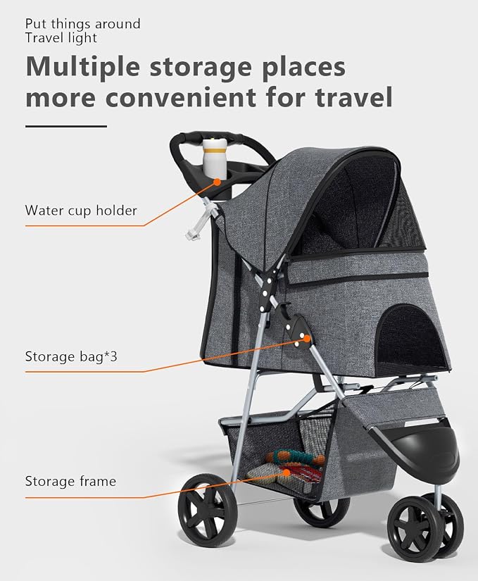 OS MOTOR 3 Wheels Pet Stroller for Small Medium Pets, Gray | Foldable Carrier Jogger, Rear Wheel Breaks, Storage Basket, Visible Mesh Weather Cover, Portable, Dog, Cat, Puppy, Kitty