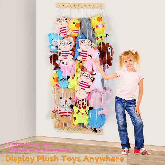 Stuffed Animal Storage Hammock Wooden Plush Toy Organizer for Kids Room Décor, Playroom Nursury Plush Toys Storage Caddy, Decoration Wall Hanging Stuffed Animal Net or Hammock Corner