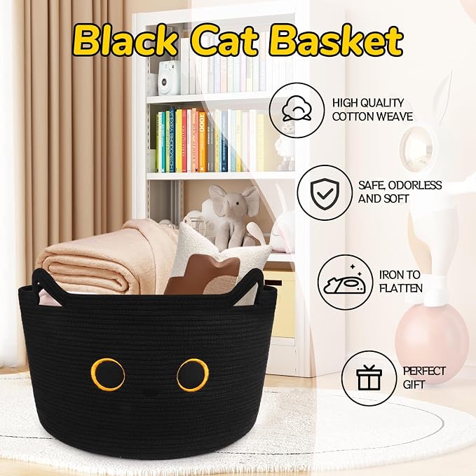 Large Black Cat Basket for Nursery,Cute Cat Woven Laundry Blanket Cotton | Rope Extra Storage Basket with Handles, 0rganize Decorative Gifts for Towels Pillow Clothes Hamper Toy Bin,23"D×13"H
