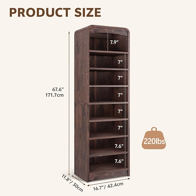 67.6” Tall Shoe Cabinet 8-Tier with Adjustable Shelves, Espresso | Freestanding Shoes Organizer Cabinet for Entryway, Hallway, Living Room