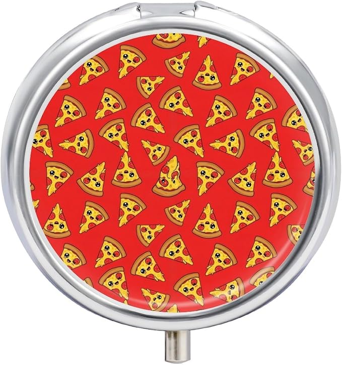 Round Purse Pocket Pill Box Red Cheese Pizza Painting 3 Compartment, Portable Metal Pill Case for Travel Fish Oil Vitamins