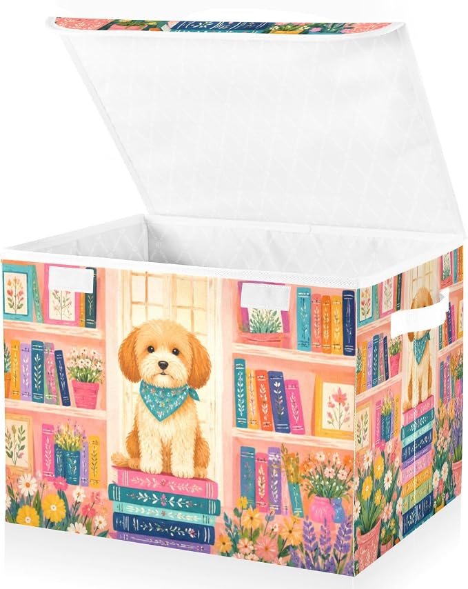 Fabric Storage Bins with Lid Cute Dog Floral Closet Storage Basket 40L | Foldable & Stackable, Flip Top Dust Guard, Reinforced Handles, Home & Bedroom, Clothes & Toys, Oxford Print Basket