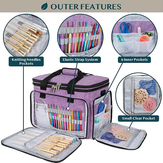 PAVILIA Knitting Bag Yarn Storage Tote - Crochet Organizer Bag, Yarn Storage Holder with Dividers for Knitting Accessories, Yarn Skiens, Needles, Hooks, Unfinished Project (Heather Gray)