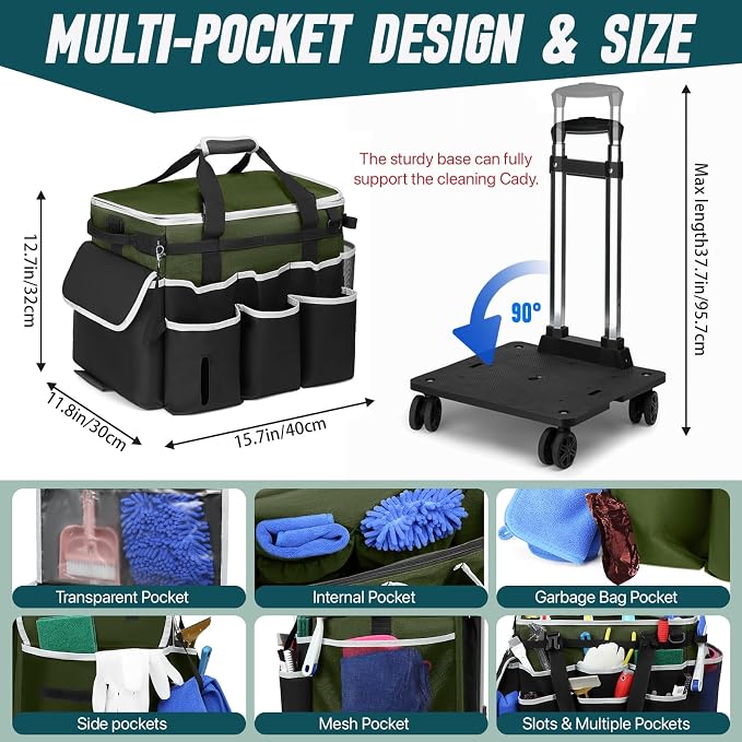 Large Rolling Cleaning Caddy Bag with Detachable Trolley, Full Support Plates for Professional Cleaning Supplies Bag, Organizer Bag with 4 Universal Wheels for Housekeepers, Car Wash (Green)