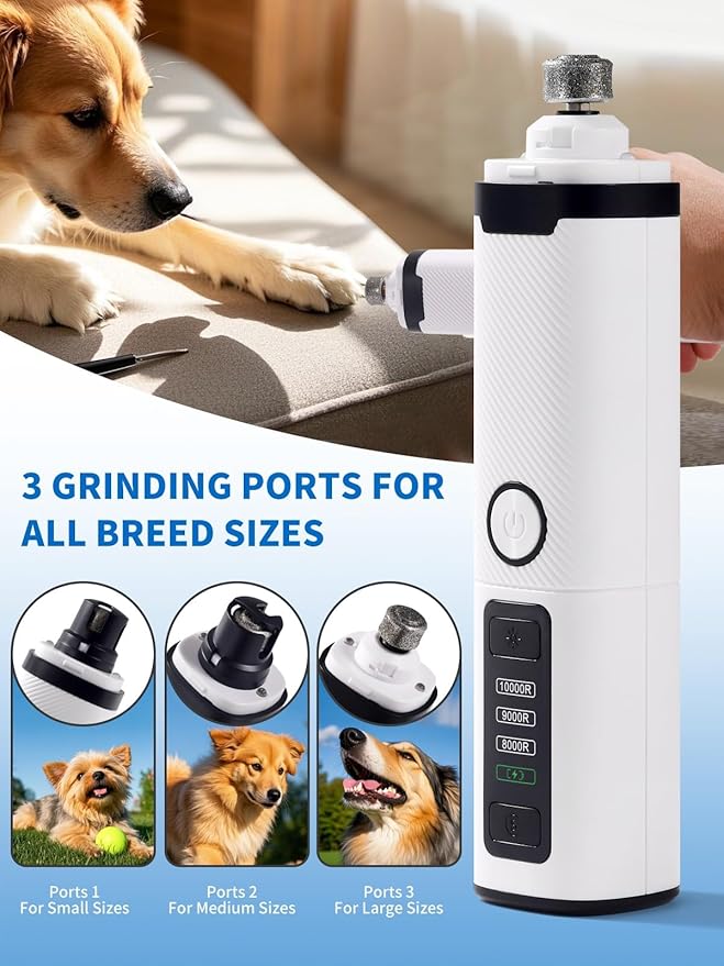 New Upgraded Dog Nail Grinder with LED Lights, 3-Speed Electric Rechargeable Pet Nail Trimmer for Small Medium Large Dogs (White)