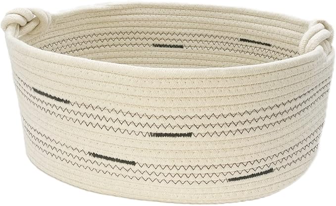 Fhiny Cotton Rope Dog Toy Basket with Handle Puppy Toys Storage Bin Small Woven Rectangle Diapers Pet Kitty Bed Perfect for Carry Pet Chew Toys Blankets Leashes Doggie Stuff - Beige S
