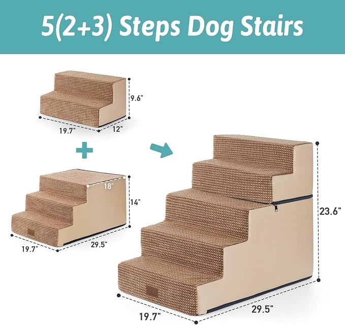 COZY KISS Dog Stairs for Small Dogs, 5 Step Pet Stairs for Beds & Couches | 23.6" Extra Wide Non-Slip Dog Steps with Removable Tiers & Support Board for Puppies, Older Cats & Dogs, Light Brown
