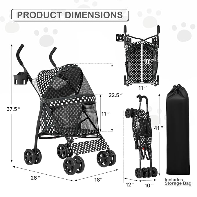 MoNiBloom Pet Stroller for Small/Medium Dogs and Cats, Black Polka Dots | Foladble 4 Wheels Easy-Fold Puppy Cage Jogger Stroller with Sun Cover, Pad and Rear Storage Bag, Breathable and Visible Mesh