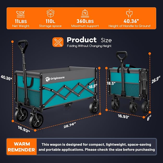 Originsure 110L Portable Foldable Wagon Cart, 360lbs Heavy Duty, Turquoise | All-Terrain Wheels,Solid Steel Frame,Adjustable Handle,Compact&Space-Saving,Utility for Camping,Sports,Grocery,Garden