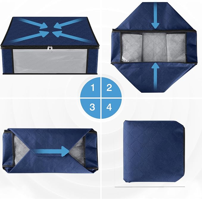HomeHacks 4-Pack Clothes Organizer Storage Bags, 35L Storage Bins, Blue | Foldable Storage Box Container with Zippers, Clear Window, Reinforced Handles for Closet, Dorm, Pillows, Bedding, Sweater