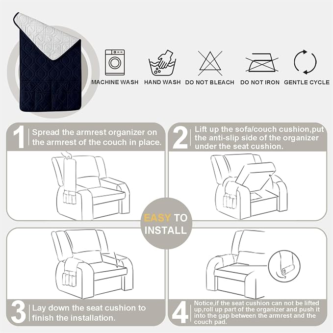 Recliner Armrest Cover with Headrest, Chair Armrest Slipcover with Side Pockets, Water-Resistant, Non Slip Furniture Protector for Pets (Navy Blue,3 Seater 5PCS)