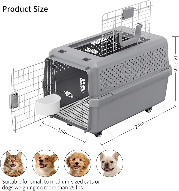 Hard-Sided Elevated Carrier: Rolling Pet Crate Ventilated 25 lbs | Smooth-Rolling Wheels & Pull Strap / Top Access Door / Spacious Interior / 360° Ventilation / Includes Feeding Bowl