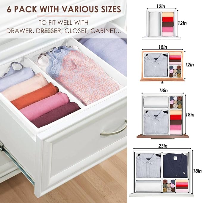 6 Pack Clothes Drawer Organizer, Fabric Foldable Closet Dresser Drawer Organizer for Clothing, Bra Sock Underwear Drawer Organizer for Nursery Dorm Bedroom Organization (6 Bins, White)