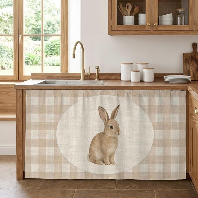 Rabbit Plaid Sink Skirt for Bathroom, Self-Adhesive Under Sink Curtain, Rustic Farmhouse Checkered Retro Animal Hide Pipes & Storage Fabric Cabinet Skirt Cover for Kitchen Laundry 32"x55"