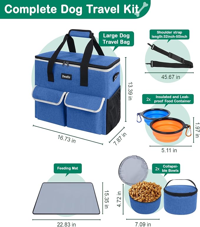 Dog Travel Bag - Dog Travel Kit for a Weekend Away Set Includes Pet Travel Bag Organizer for Accessories, 2 Collapsible Bowls, 2 Travel Food Container