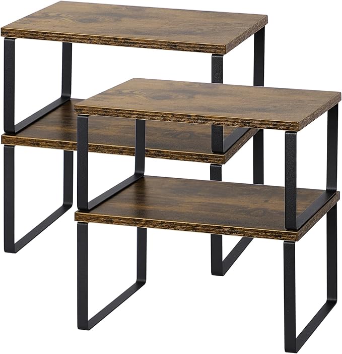 NEX Kitchen Cabinet and Counter Shelf Organizer, Shelf Riser for Pantry Countertop Cupboard Desk Top, Stackable & Expandable, Set of 4, Black and Rustic Brown | Stackable & Expandable Spice Rack, Space-Saving Pantry Organizers Bathroom Countertop Stora...
