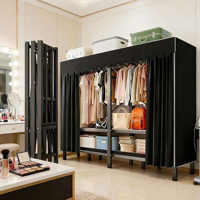 95.3in Heavy Duty Portable Closet, Foldable Wardrobe Closet with Cover, Metal Clothing Shelves for Clothes Organizers and Storage, for Bedrooms, Apartments, Rental Properties (Black, 95.3in)