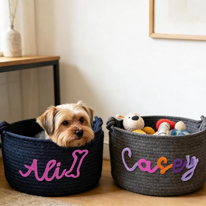 Personalized Dog Cat Toy Storage Basket with Handles Custom Pet Name Woven Cotton Rope Organizer Bin Customized Storage Box for Pet Supplies