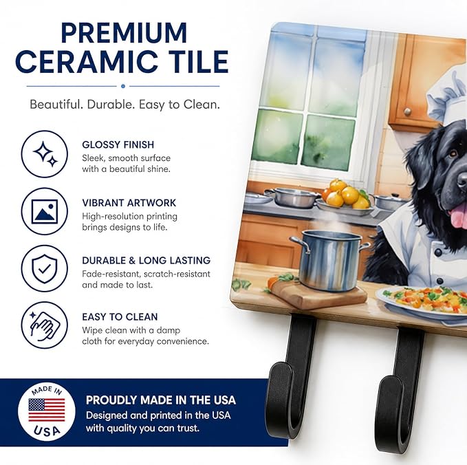 Caroline's Treasures Newfoundland The Chef Leash or Key Holder Wall Hooks, Key Hooks Holder, Coat Rack Wall Mount, Coat Hooks, Hooks for Hanging Keys, Towels, Aprons, Leashes | Newfoundland The Chef artwork on ceramic tile with three steel hooks for ke...
