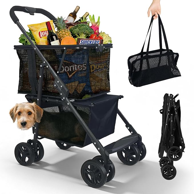 2-in-1 Folding Shopping Cart & Pet Stroller 110 LB Grocery Cart | 112L Large Personal Shopping Cart with Removable Basket, Portable Utility Cart for Groceries, Laundry, Camping & Pet Travel