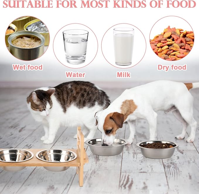 2 Set Elevated Dog Cat Bowls, 15 Tilted Raised Pet Bowl for Puppy and Cats Adjustable Dog Food Feeding Dishes Wood Stand Pet Feeder with Stainless Steel and Non Slip Feet