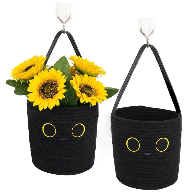 Cute Basket Black Cat Cotton Rope Basket (7.8"x7", 2PCS)