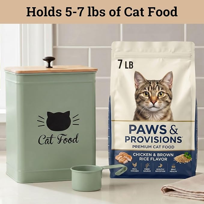 Metal Cat Food Container with Scoop 5-7 lb (25 Cup), w/ Airtight Bamboo Lid | Cat Kibble Canister with Metal Scoop, 25 Cups, Chew Proof Iron Body, Powder Coated, Airtight Bamboo Lid, Sturdy Metal Handle