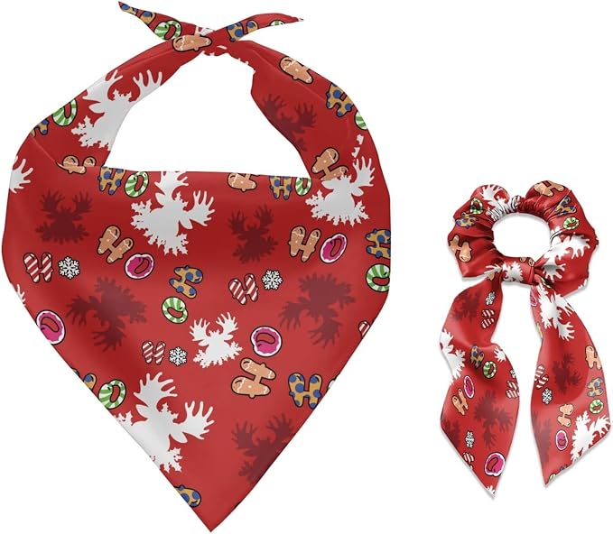 COEQINE Christmas Dog Bandanas Slip Over Collar with Red Bow Hair Tie for Women Dog Accessories Cute Xmas Deer Hohoho Red Pattern Pet and Owner Matching Outfits