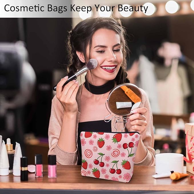 Strawberry Makeup Bags Makeup Organizer, Summer Strawberries Cherries Pink Flax Toiletry Bags Travel Cosmetic Bag Makeup Purse Pouch Skincare Bag Wallet Bags For Women Female Mom Daughter
