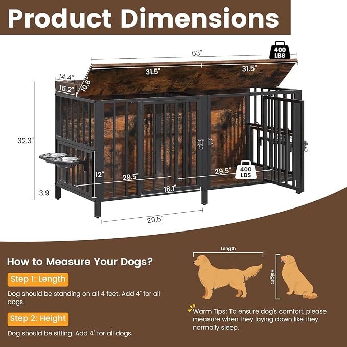 BOINN 63 Inch Dog Crate, Large Dog Crate for 2 Dogs, Dog Kennel Indoor for Medium/Small Dogs with Top Access Door, XL Wooden Dog Cage with 360 Degree Rotatable Stainless Bowls, Heavy Duty Steel Frame