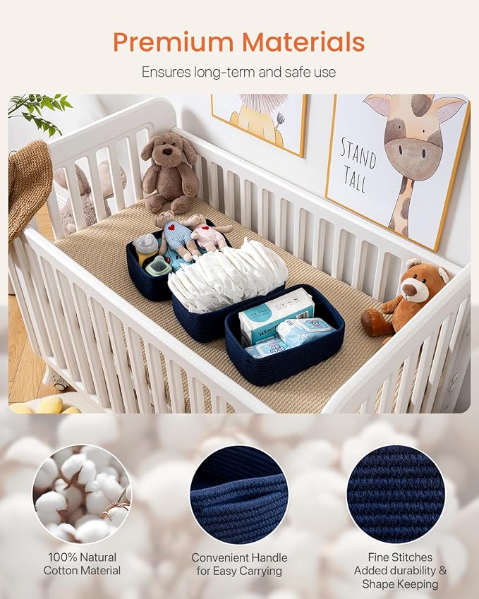 KALLAX Small Woven Storage Basket for Organizing, 12 x 8 x 4.5 inch, 3 Pack | Shelf baskets for closet organization, toy storage and home decor, Perfect as empty gift baskets for holidays, Navy Blue