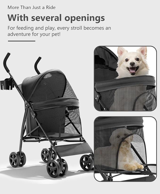 OS MOTOR 4 Wheels Pet Stroller for Small Medium Pets, Black | Foldable Carrier Jogger, Rear Wheel Breaks, Storage Basket, Visible Mesh Weather Cover, Portable, Dog, Cat, Puppy, Kitty