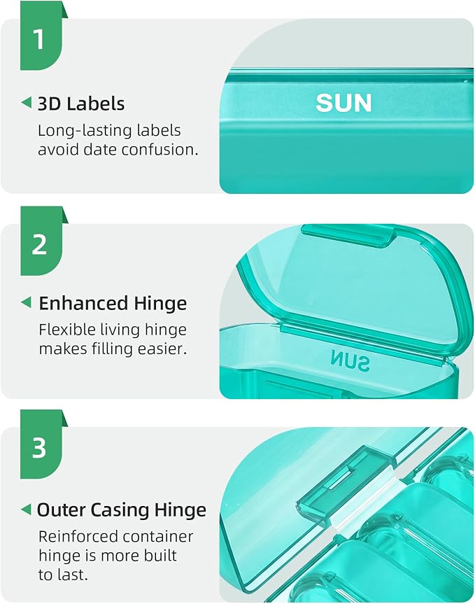 PULIV Weekly Pill Organizer with Large Capacity, Dual Protection (Cyan) | Pill Box 7 Day, Arthritis Friendly Pill Case Easy to Open, Medicine Organizer for Vitamins, Medication, Fish Oils, Supplement