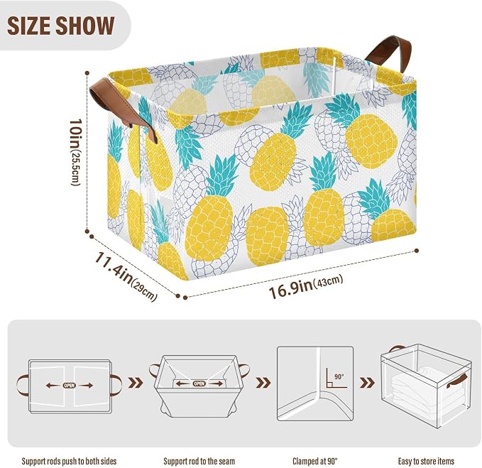 Aqua Blue and Yellow Pineapple Storage Basket Foldable Cube Storage Bins with Handles&Label Waterproof Collapsible Organizer Box Bin Large Rectangle Decorative Baskets for Shelves Home Room Laundry