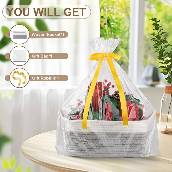 OIAHOMY Woven Basket, Gift Basket Empty with Gift Bags and Ribbons, Rope Baskets for Baby Showers, Storage Baskets with Handles for Nursery, Pet Toy Organizer - Grey & White