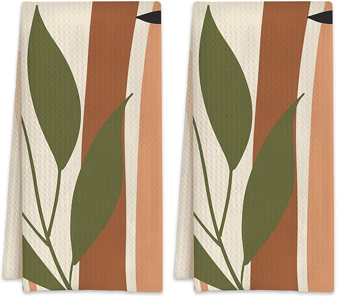 Boho Minimalist Leaves Hand Towels,Set of 2 Absorbent Bath Towel Kitchen Dish Towel Home Gym Hotel Bathroom Decor,16x24 Inches