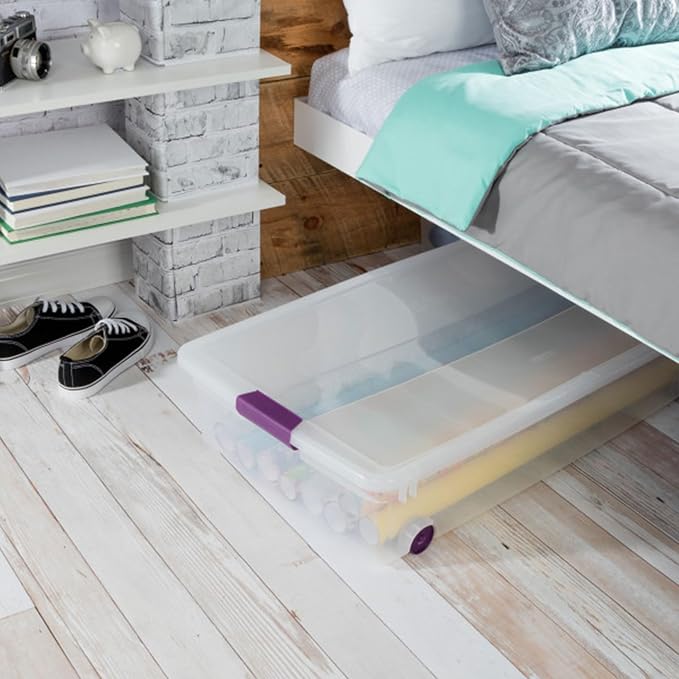 Sterilite 12-Pack ClearView Latch Box, Wheeled Underbed Organizer Bins for Home, 60 Quart | Clear Plastic Organizer Bins with Color Accent Latches and Wheels for Closet, Home Bedroom and Dorm Room