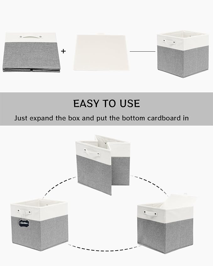 FinishingBo 13 inch Cube Storage Bins with Handles 6 Pack | Foldable Linen Storage Baskets, Closet Organizers, Shelf Baskets, White Grey